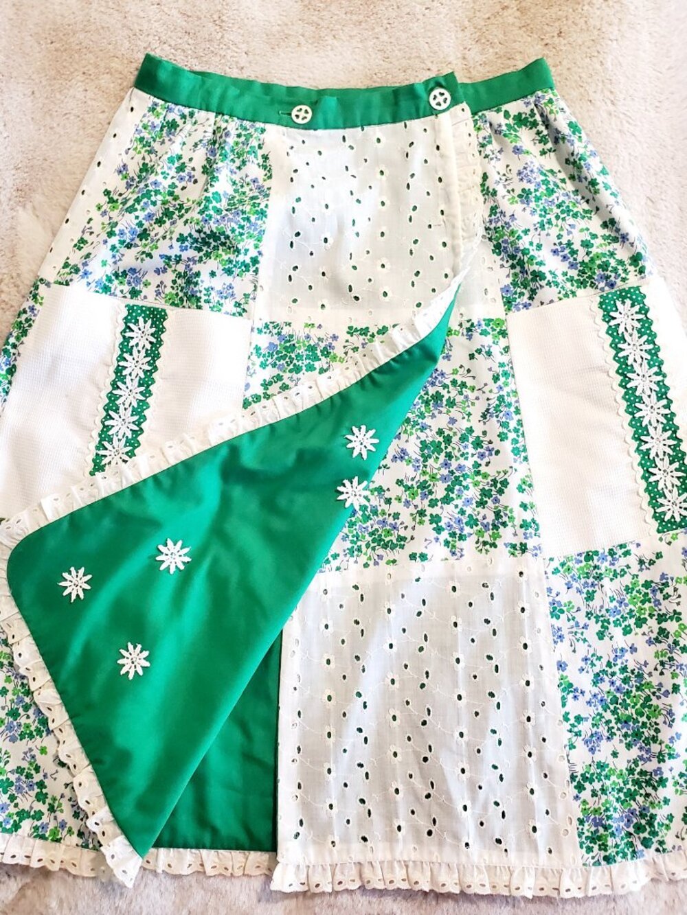 Vintage Reversible Cottagecore Wrap Skirt Green Floral Eyelet Prairie Midi Skirt - Picture 2 of 16